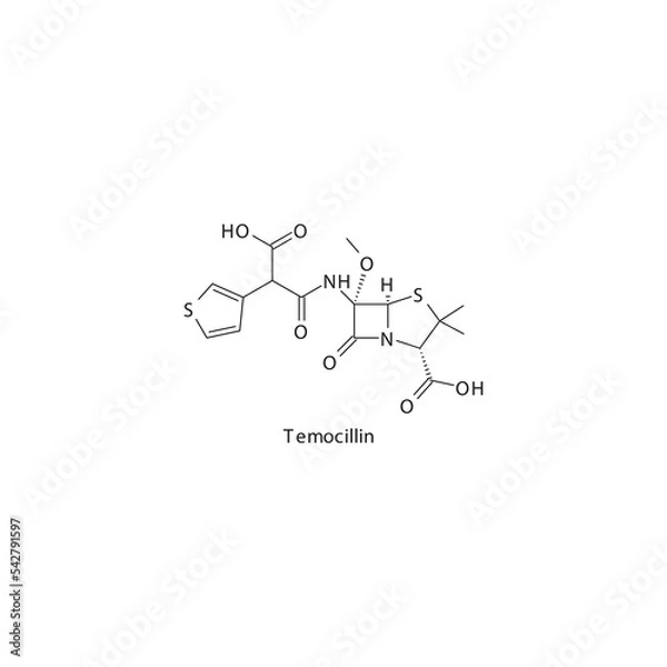 Obraz Temocillin  flat skeletal molecular structure Penicillin  drug used in bacterial infection treatment. Vector illustration.