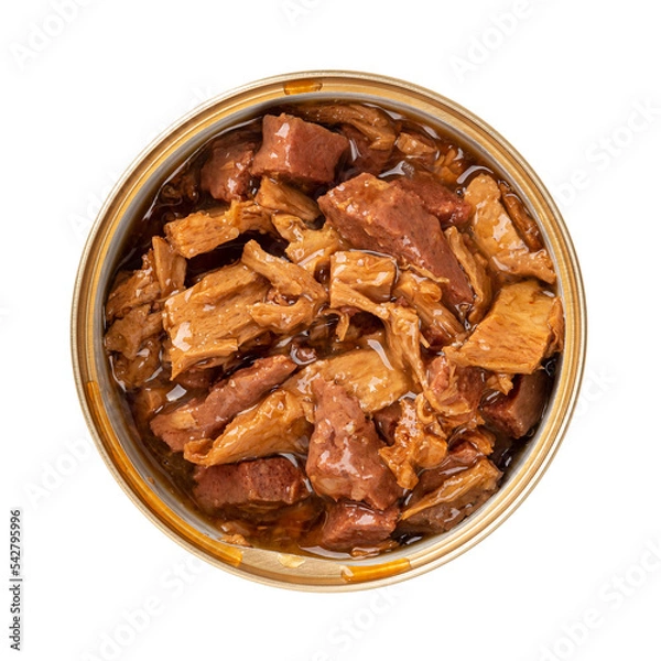 Obraz Open jar of canned wet cat food cutout. Can of meat and liver pieces in a sauce for cats isolated on a white background. Feed for carnivore domestic animals concept. Canned meat for pets.