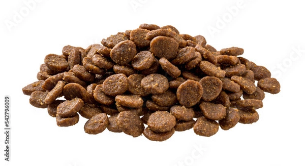 Obraz Pile of dry pet food cutout. Heap of grain free dry protein kibbles for cats isolated on a white background. Veterinary diet feed concept. Complete dry food for domestic animals.