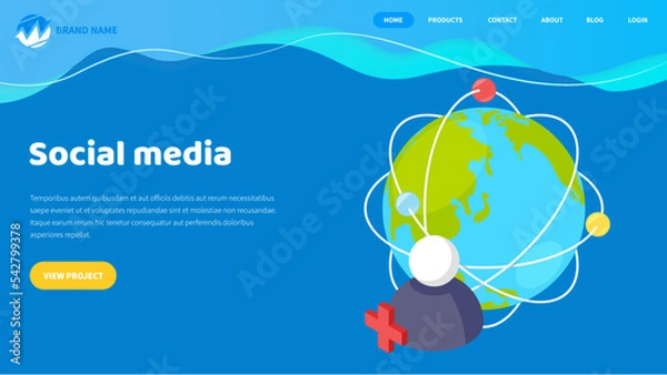 Fototapeta Social media landing page template. Online platform for communication, dating, creating social relationships between people with similar interests or offline connections, for entertainment and work