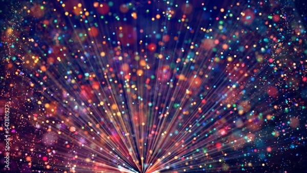 Fototapeta Magic multicolored sparkles of light with rays form flickering abstract simple structures like fiber optic or laser show with amazing bokeh for fantastic background. 3d render