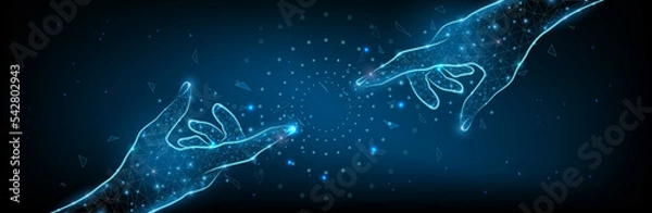 Fototapeta Creation AI concept - two hands reach for each other connecting, polygonal style starry sky or space, consisting of points, lines, and shapes with destruct shapes. Futuristic vector illustration