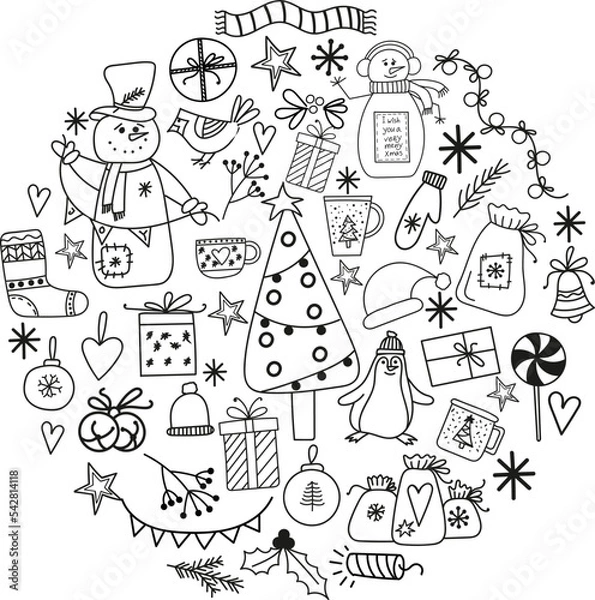 Fototapeta Christmas card template for your design. Symbols, icons Christmas New Year. Snowman, Christmas tree, gifts and other elements in the form of a circle