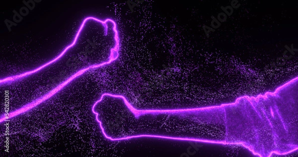 Fototapeta Corporate greeting on the fists. Neon bright veri peri contours of two hands, collide and greet each other. The concept of friendship, collaboration, meeting, signs.