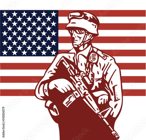 Fototapeta illustration of an American soldier serviceman carrying armalite rifle with stars and stripes flag in background