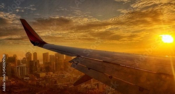 Obraz airplane flying over the sunset