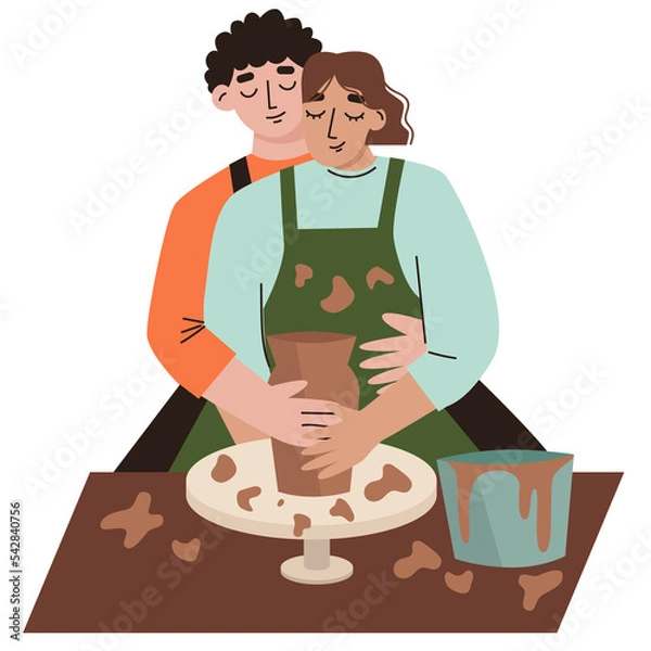 Fototapeta Couple in love making handcraft vase. Pottery studio.