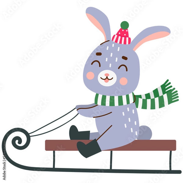 Fototapeta Cute rabbit on a sled. 