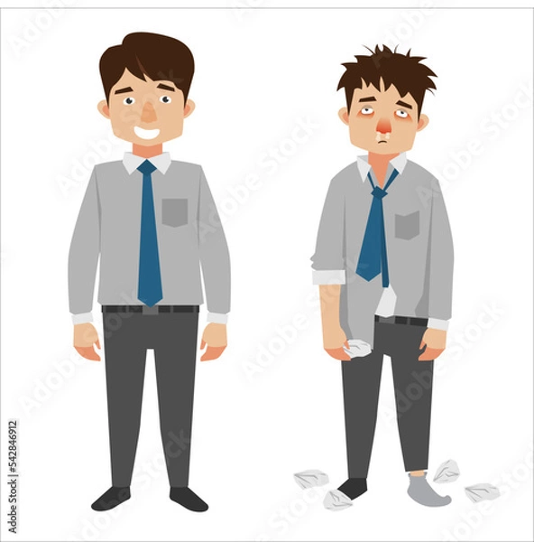 Obraz Healthy man versus sick man with flu, runny nose and fever