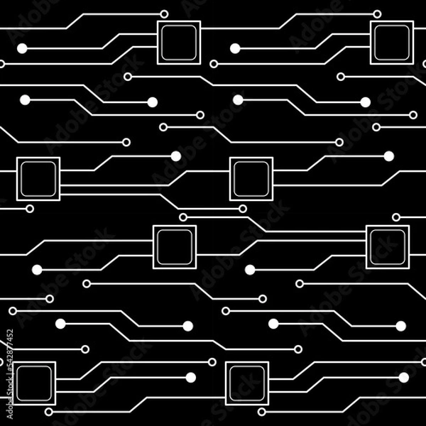 Fototapeta Modern circuit design black and white seamless pattern 