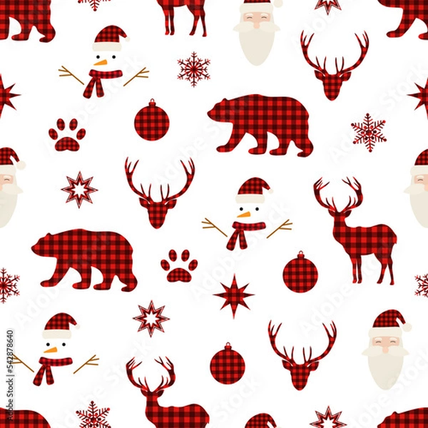 Obraz Seamless pattern Christmas elements buffalo plaid vector illustration