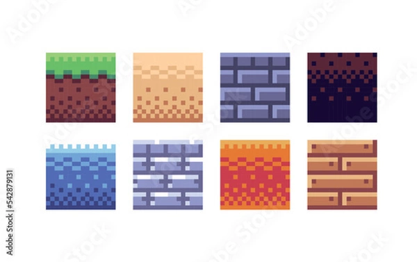 Fototapeta Square tile pixel art set. Different ground texture grid collection. 8 bit sprite. Game development, mobile app.  Isolated vector illustration.