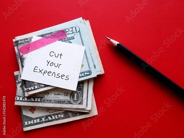 Fototapeta Cash dollars money on red background with handwritten text note CUT YOUR EXPENSES, means to cut or reduce household or business expenses to regaining control of your financial budget
