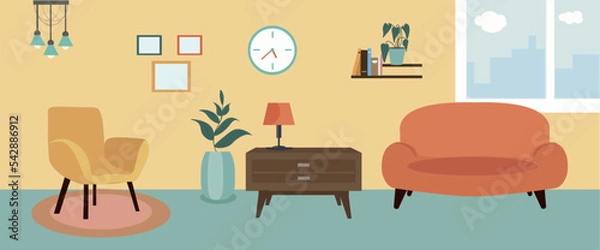 Fototapeta Vector Illustration of an empty cosy living room without people.