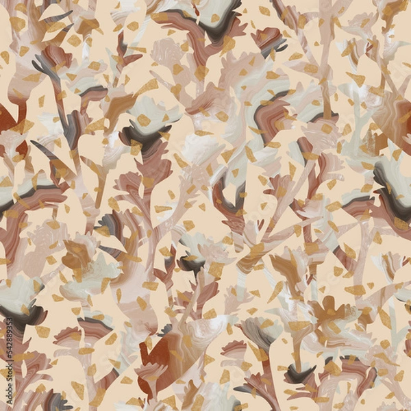 Fototapeta Painted abstract background. Modern seamless pattern with plant silhouettes and gold graphic elements.