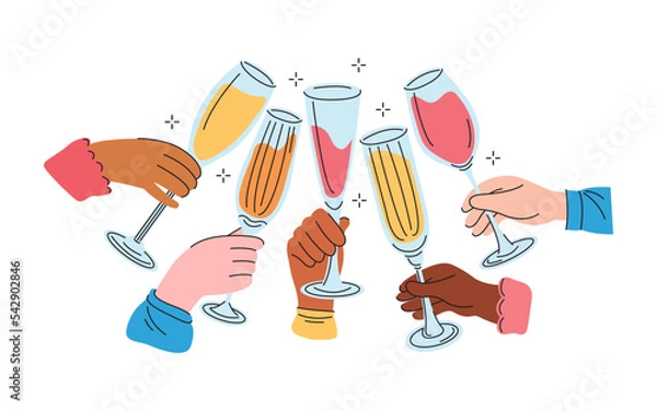 Fototapeta Group people of different nationalities drink sparkling wine or champagne. Friends hands holding glasses cocktail and cheers or drinking toast to friendship. Colored graphic flat vector illustration.