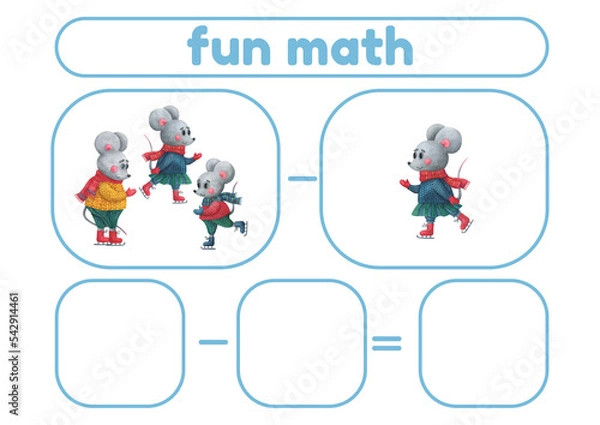 Fototapeta Winter Activity page, sheet for kids. Arithmetic task with forest animals is a game for teaching a child to count. An exercise for learning numbers. a mathematical example for a preschooler.