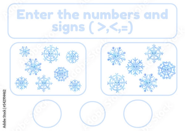 Fototapeta Activity page, sheet for kids. A mathematical task for comparing numbers. Winter game for teaching a child. Exercise with a snowflake pattern. Counting lesson for preschooler more, less, equal