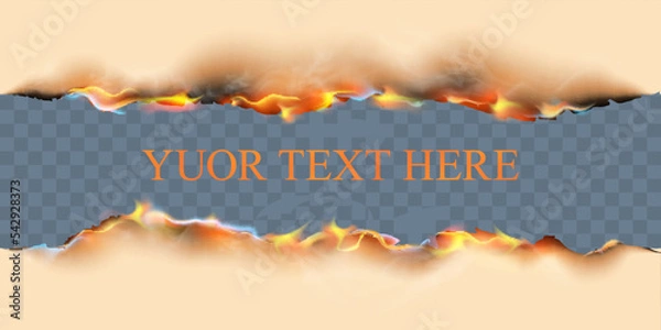 Fototapeta Burnt paper realistic set with isolated upper and lower borders of burning sheet with editable text and flames of fire vector illustration on transparent background