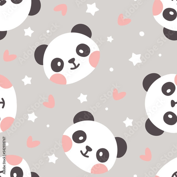 Fototapeta cute 2 tone pink pastel grey panda with hearts and stars seamless pattern background, kids asian bear wrapping paper, fabric and textile vector print.
