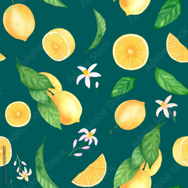 Obraz Watercolor seamless pattern with lemons. Botanical illustration. An excellent solution for the design of gift wrapping and textile interior items.