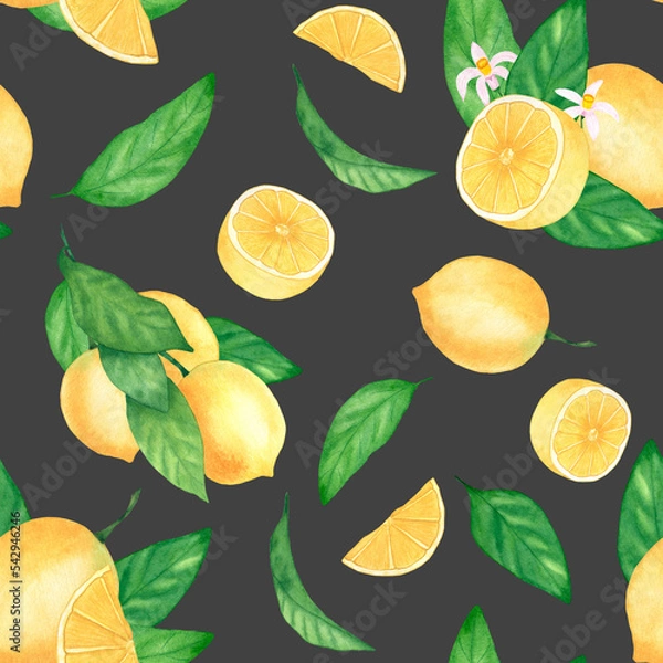 Obraz Watercolor seamless pattern with lemons. Botanical illustration. An excellent solution for the design of gift wrapping and textile interior items.