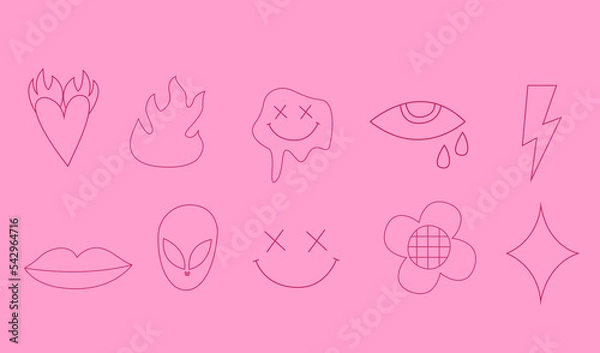 Fototapeta Girly stickers 2000s set. Vector pink set of psychedelic stickers retro 2000 vibe. Y2k nostalgia concept