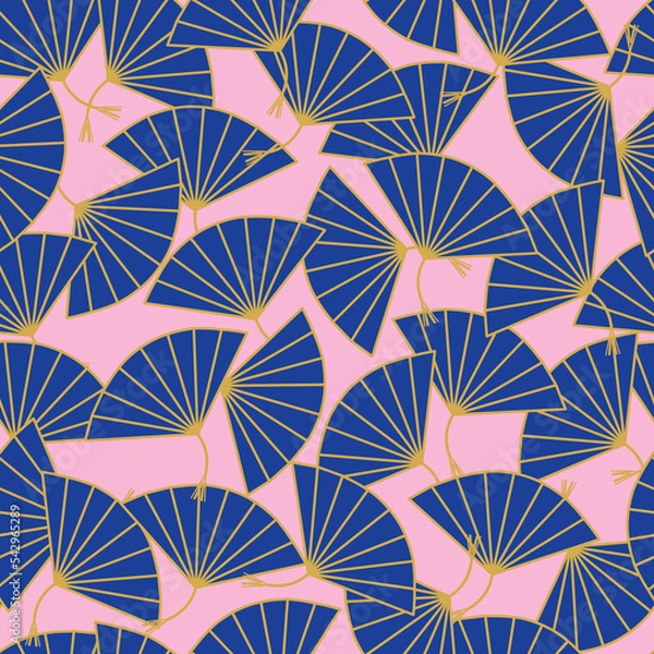 Fototapeta Pink background and royal blue and gold fans seamless pattern background.  Perfect for fabric, scrapbooking, quilting, wallpaper and many more projects.
