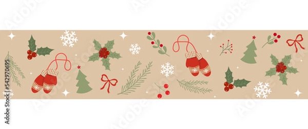 Fototapeta Merry Christmas and Happy New Year seamless retro illustration with different elements, holly, mittens, snow, twigs, berries. vector background illustration for greeting card, banner, web, invitation 
