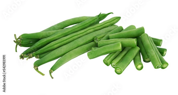 Fototapeta Bunch of fresh green beans cut isolated on white background with PNG.