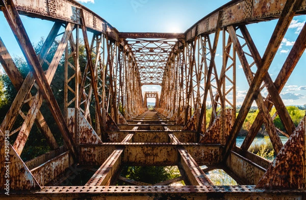 Obraz Vista central desde dentro de Puente metálico de tren o ferrocarril abandonado, oxidado y antiguo, con luz del sol al medio día con vegetación al rededor