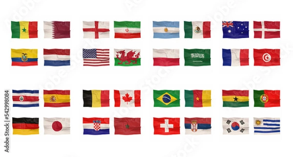 Fototapeta flags of qualified countries to FIFA world cup 2022 in Qatar football cup 3d-rendering