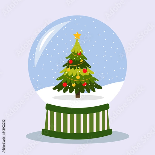 Fototapeta Christmas snowball globe with New Year tree and snowflakes inside. Vector snowglobe for cards, patterns, wrapping paper, greeting cards.