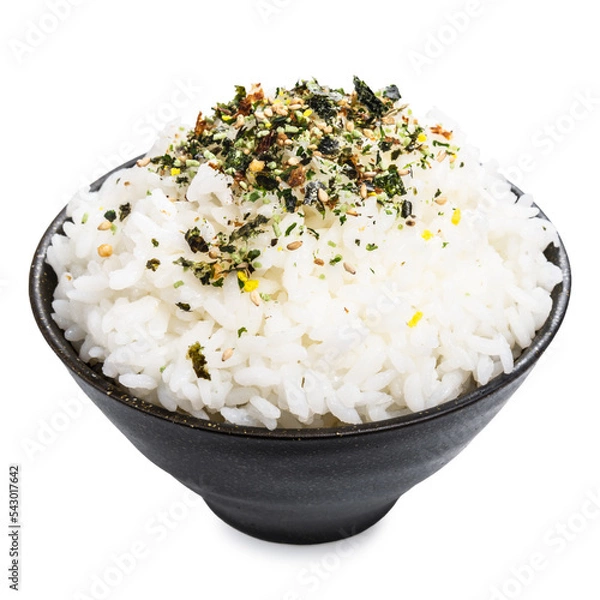 Fototapeta rice in black bowl with Japanese spices isolated on white background, traditional asian food