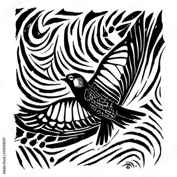 Fototapeta Hand drawn linocut style trendy and expressive vector sketch of flying bird ink dove illustration.  Bird icon img. Bird icon design. Bird icon apps.