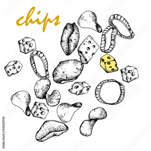 Fototapeta Chips.Black and white sketch, hand-drawn, Vector, isolated on a white background, fast food in different shapes.Cheese cubes, onion rings. For packaging, design bars, menus, labels