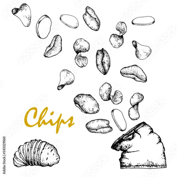 Fototapeta Chips.Black and white sketch, hand drawn, Vector, isolated on white background, bag of chips of different shapes.For packaging, design of bars, menus, labels