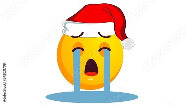 Fototapeta Crying upset yellow emoji in santa claus christmas hat isolated on white background. Negative emotions concept. Winter holidays emoticon. Social media reaction icon.