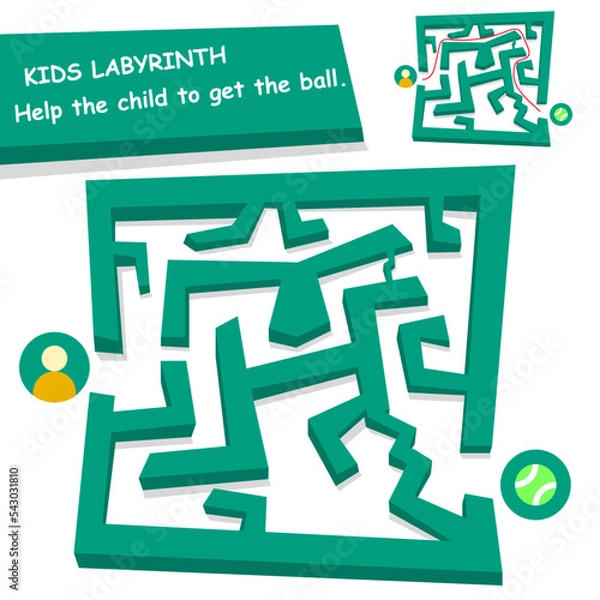 Obraz children's maze.maze concept, help the child to get the ball. children's educational game. isometric labyrinth.