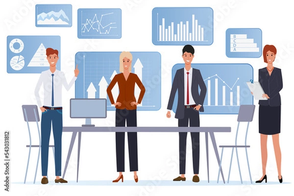 Obraz Business men and business women in business suits make a meeting on the background of an infographic.Business team.Task planning search for solutions new ideas and brainstorming.Flat  illustration.