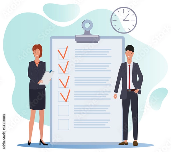 Fototapeta Businessmen are planning a task.List of time management tasks.People next to a large list of planned tasks.The complete list of tasks is marked with the completed tasks check box.Flat  illustration.