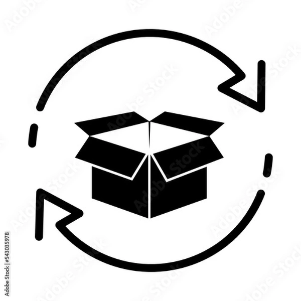 Obraz Free product return icon. Cargo box with arrows solid icon. Exchange goods symbol. Package tracking sign. Parcel box inside circle arrow. Package return vector sign on white, Distribution Vector illus