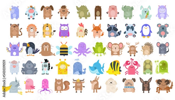 Fototapeta A collection of cute animal cartoons suitable for birthday cards or invitations