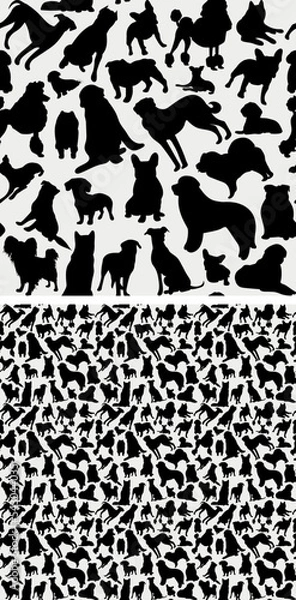 Obraz Seamless dog pattern, holiday texture. Bulldog, poodle,husky,chow.Silhouettes, packaging, textile, textile, fabric, decoration, wrapping paper. Trendy hand-drawn different breeds wallpaper. Many dogs.