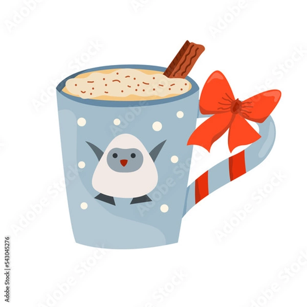 Fototapeta Christmas mug of cocoa drink. Winter hot drinks. Christmas beverage. Cocoa mug with cream, cinnamon. Coffee mug. Hot chocolate. For restaurant, bar, menu. Vector illustration.