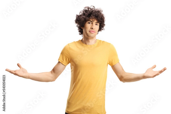 Obraz Confused young man holding gesturing with hands