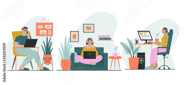 Fototapeta Set of people work at home at a computer. The concept of freelancing and remote work. Vector illustration