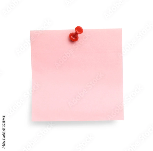 Fototapeta Blank pink note pinned on white background, top view