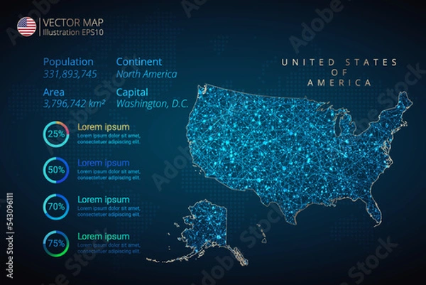Fototapeta United States of America map infographics vector template with abstract geometric mesh polygonal light concept on blue background. Template for diagram, graph, presentation and chart