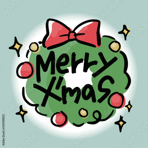 Obraz クリスマスメッセージカード、可愛い手書きのベクターイラスト素材、クリスマスリース